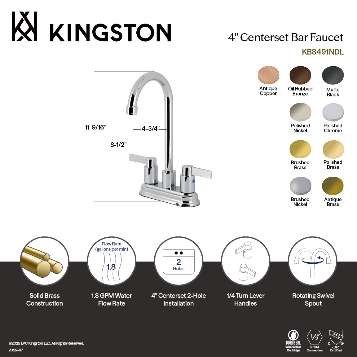 Kingston Tulare KB8493NDL - NuvoFusion Two-Handle 2-Hole Deck Mount Bar Faucet, Antique Brass — thumbnail 3